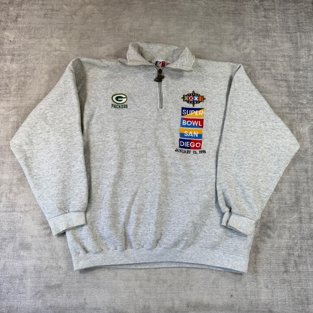 Gray Packers Sweatshirt Mens XL Super Bowl XXXII 1998 Quarter Zip Logo Athletics